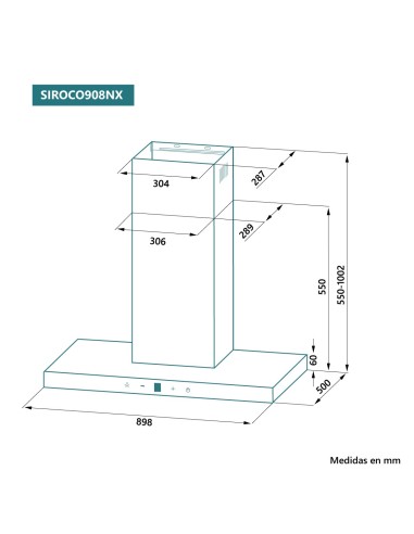Campana de pared 90 cm Inox frente cristal negro