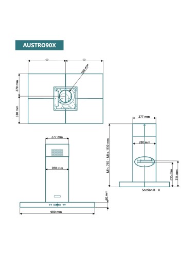 Campana de isla en forma de T 90 cm Inox