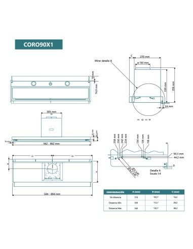 Campana de encastre 90 cm Inox y Cristal